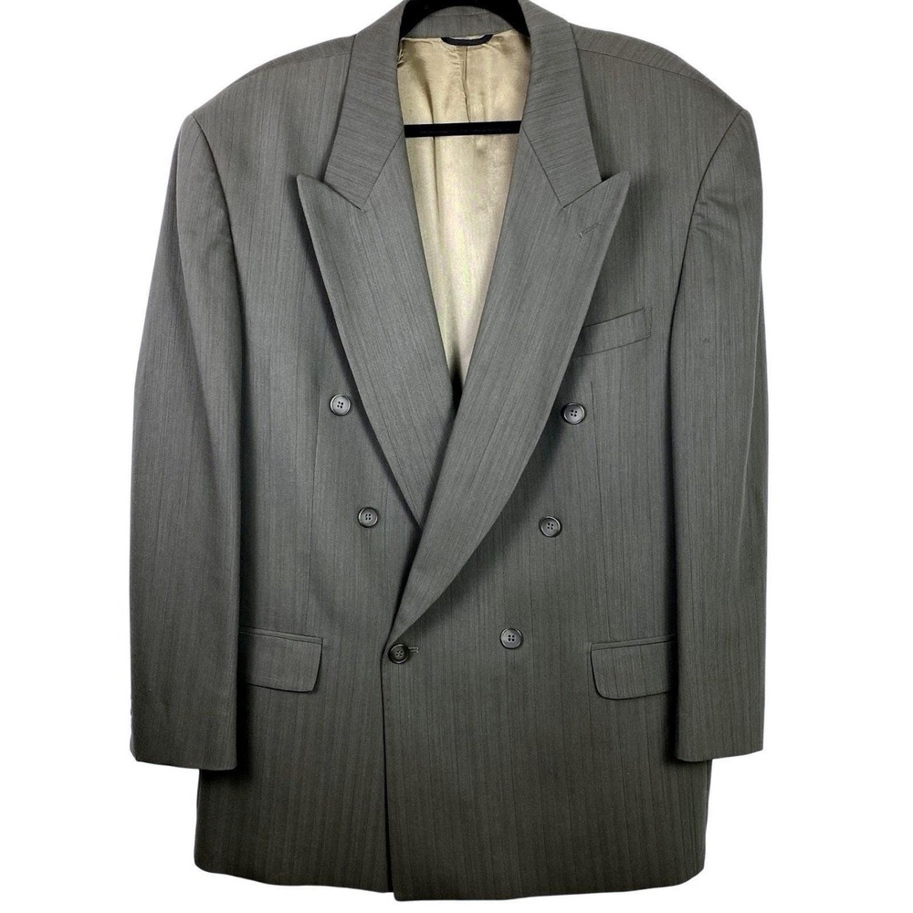Vtg 80s Nino Cerruti 44R Blazer Wool Gray Double Breasted Suit Jacket Sport Coat